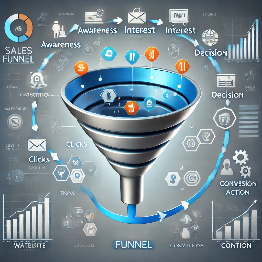 sales funnel showing the stages from awareness to purchase, with decreasing sections that represent each phase of customer conversion.