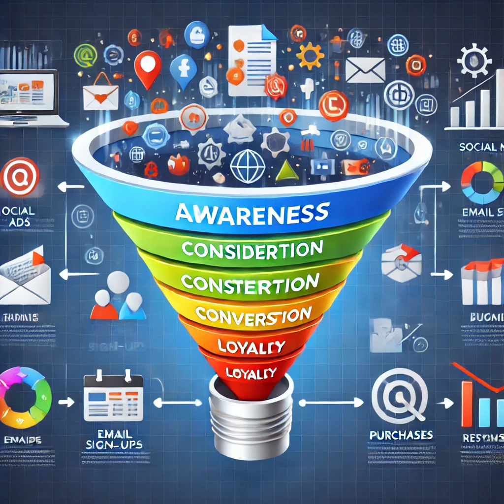 Diagram of a marketing funnel with stages: Awareness, Interest, Consideration, Intent, Purchase, Loyalty, and Advocacy.