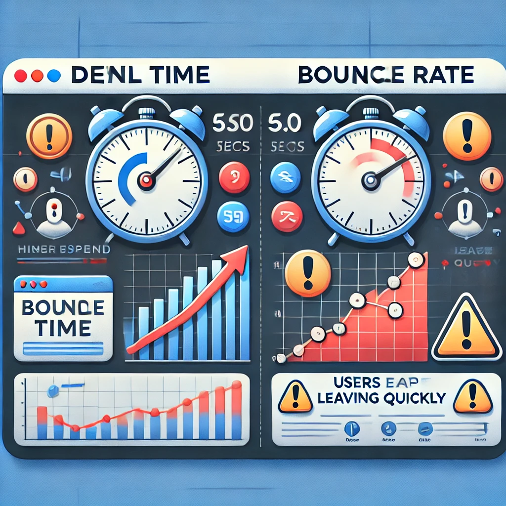 A visual comparison chart illustrating the differences between dwell time and bounce rate, highlighting their definitions, measurement, and impact on website performance and SEO.