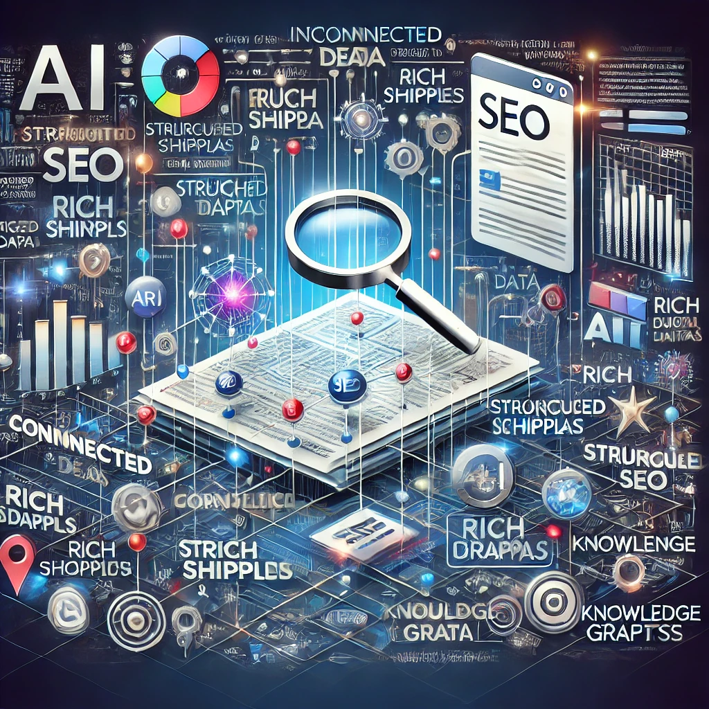 Illustration representing Semantic SEO with interconnected keywords and search engine algorithms.