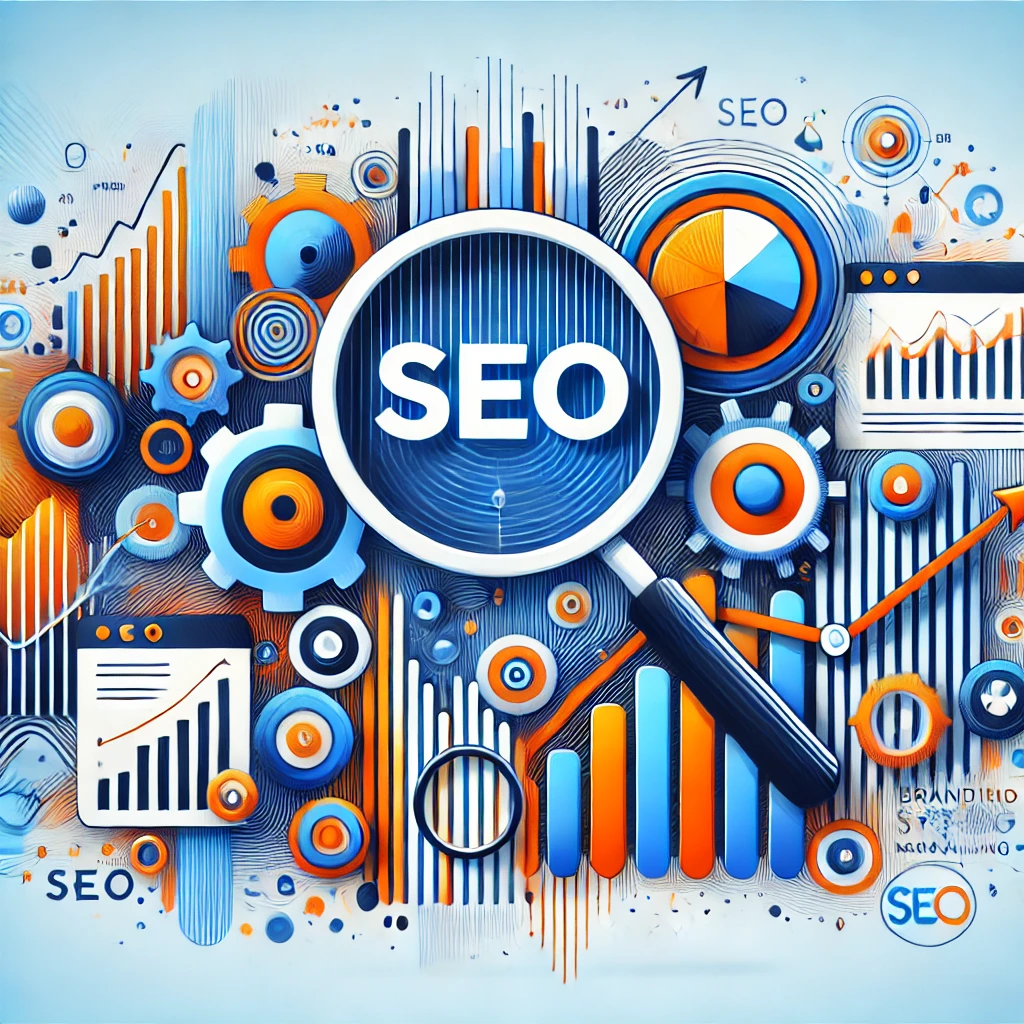 branded SEO with symbols like graphs, magnifying glass, arrows, and keyword tags in blue and orange tones.