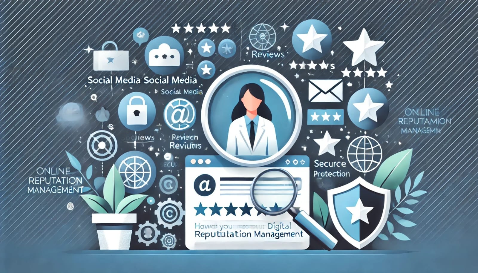 online reputation management with icons for social media, reviews, search monitoring, and security, representing brand protection and digital engagement.