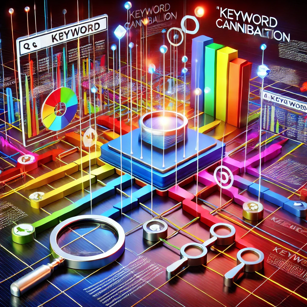 keyword cannibalization showing interconnected search engine results pages (SERPs) with overlapping lines