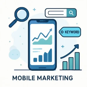 mobile marketing SEO concepts with icons for mobile marketing, local SEO, SEO growth, and user engagement.