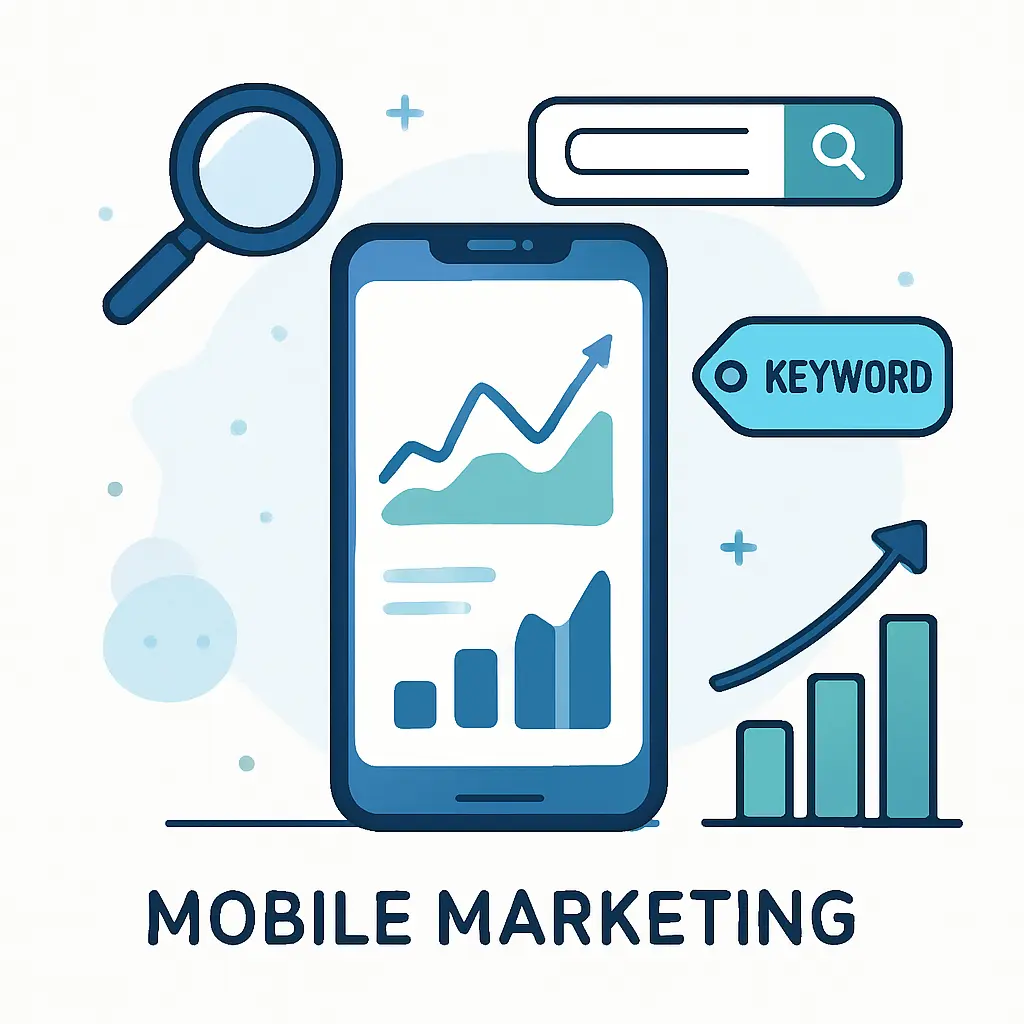 mobile marketing SEO concepts with icons for mobile marketing, local SEO, SEO growth, and user engagement.