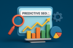 Predictive SEO graphic showing trend charts, magnifying glass, and computer screen illustrating keyword forecasting and content optimization.