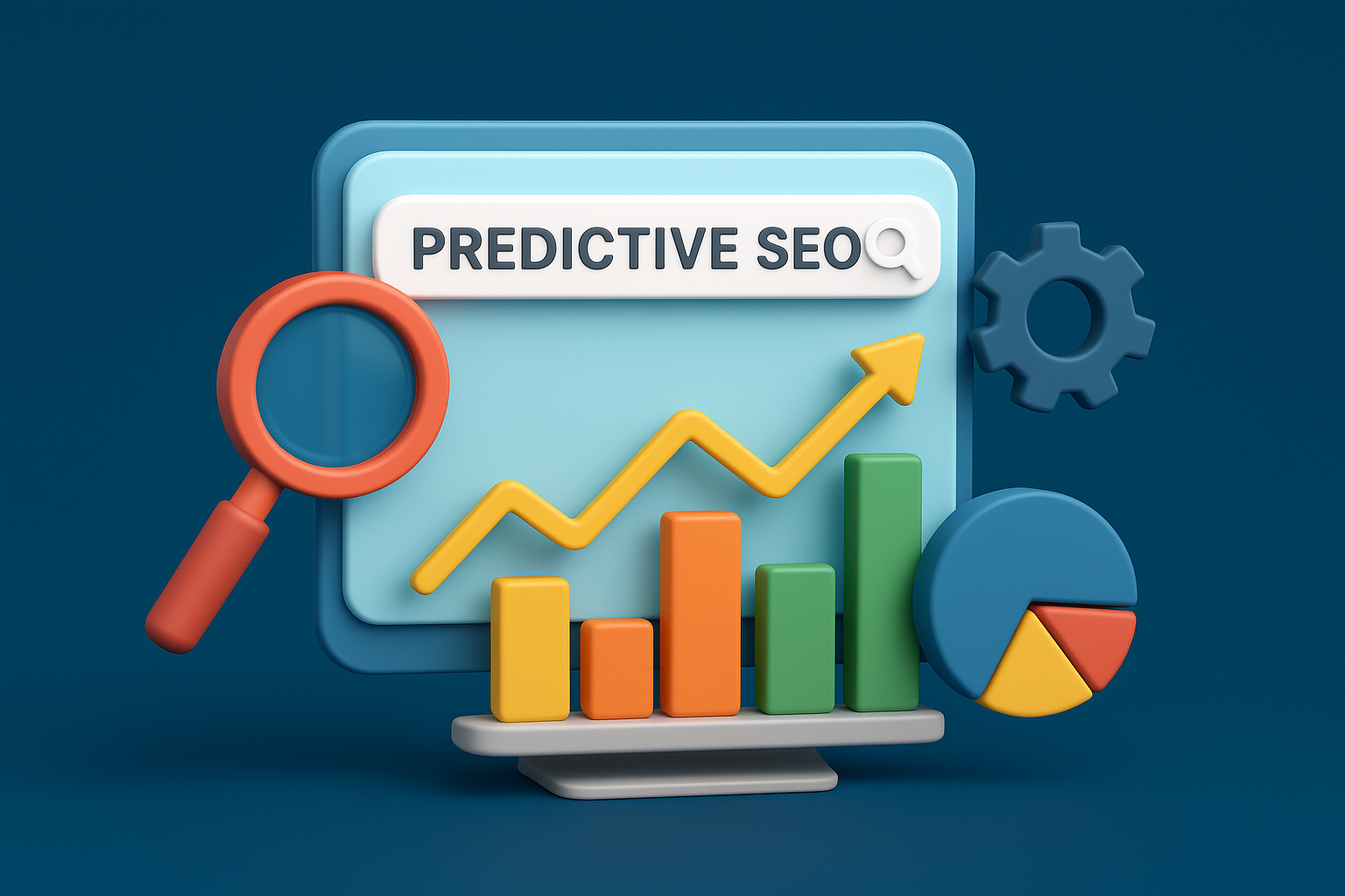 Predictive SEO graphic showing trend charts, magnifying glass, and computer screen illustrating keyword forecasting and content optimization.